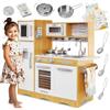 Mamabrum Cucina Giocattolo per Bambini in Legno con Luci LED - Cucina Educativa con Forno, Microonde e Accessori - Set da Gioco con Piano Cottura, Frigorifero e Utensili - 93x30x82cm - Naturale