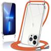 Coiwxmoi Cover per iPhone 13 Pro con Cordino 6,1,Trasparente Custodia con Laccio Tracolla Corda Catena Cinghia,Ultra Morbido Silicone TPU Antiurto Case per iPhone 13 Pro, Arancione