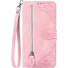 BLOTECH Custodie Compatibile con OPPO Realme 16T 5G Case Flip Cover con magnetica, tasca con cerniera, in pelle PU, con 7 scomparti per carte di credito, con Cinturino da Polso ，Goffrato Fiore Cover,Rosa