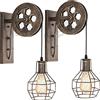 iDEGU Applique da parete Vintage, Lampada da Parete Interno Stile Puleggia E27 Plafoniera in Legno e Ferro Regolabile Lampada Sospensione per Soggiorno, Ristorante, Bar - Ruggine Bronzo (2 Pezzi)