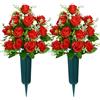 AOFOX Fiori artificiali del cimitero con vaso, fiori di pietra funebre Mazzo di rosa, fiori commemorativi del cimitero per gli arrangiamenti della tomba Set di 2 (Rosso)