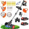 Quinitiles Decespugliatore a Batteria, 21V Tagliabordi a Batteria con 2 2.0Ah Batterie e 4 Tipi di Lame, Tagliaerba Elettrico Batteria Decespugliatori da Giardino con Rotelle Altezza Regolabile per Prati, Arbust