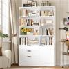 HOCSOK Libreria, Scaffale Libreria Verticale con Porta e 3 Cassetti，Scaffale Legno Alta con Ripiani Regolabili, per Soggiorno Studio Ufficio, Bianco, 180,5×103×28,5 cm