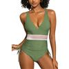 SHEKINI Donne Scollo a V Costumi da Bagno Controllo Pancia Un Pezzo Dimagrante Costume da Bagno Blocco di Colore Coulisse Costumi, Verde Oliva, L