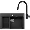 ANYCEE 70 x 46 cm Lavello Nero con Arco Rubinetto Cucina Estraibile, Lavandino Cucina Nero con Cestello di Scarico, Lavello Granito 1 Vasca per Mobile da 70 cm con Sifone e Scarico
