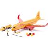siku 1702, Aereo Cargo DHL in plastica con Accessori, Rosso/Giallo, Modello Giocattolo, Incl. Carrello Portabagagli, Barra di Traino, Blocchi Freno e Controllore del Traffico Aereo