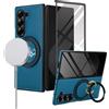 XKchatpt Custodia per Samsung Galaxy Z Fold 6 in Pelle PU con Supporto Girevole a 360°, Protezione per lo Schermo Temperata 9H, Ricarica Wireless, Antiurto e Anticaduta, Blu