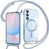 Pnakqil Magnetica Cover con Cordino per Samsung Galaxy S24 FE 5G, Compatibile con Magsafe Ricarica Wireless,Trasparente Placcatura Disegno Custodia con Collana Laccio Tracolla Resistente Case, Azzurro
