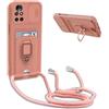 Beajew Custodia con Regolabile Collana per iPhone 15 Pro Max, Slot Schede [360°Magnetica Anello Supporto] [Protezione Fotocamera] Cordino Collana Necklace Silicone Case- Rosa