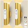 Lacasa Luci da Parete Ricaricabili Set da 2, Applique LED Wireless con Sensore di Movimento e Telecomando, Lampada Parete Interno Magnetica Dimmerabile 3 Colori per Camera Corridoio Scale, Oro