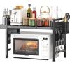 Shally Dogan Scaffalatura Estensibile Allungabile Porta Microonde in acciaio con Ripiano, Mensola Organizer con Portaspezie e Portaposate da Cucina, Mobiletto con Piedini Antiscivolo (Nero)