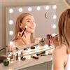 GYMAX Specchio Trucco con Luci, 18 Led, 65 x 52,5 cm, Specchio da Parete/Tavolo con 3 Modalità Luce, 4 Luminosità Regolabile,Specchio con Luci Make Up