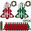 YURDELF Portaposate Natalizie, Addobbi Tavola Natalizia a Forma di Albero di Natale Include 12PCS Rosso/Verde Portaposate Natale per Coltelli e Forchette, Decorazioni Natalizie; 12PCS Anello per Tovaglioli