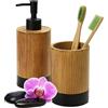 KADAX Set da bagno 2 pezzi, dispenser di sapone e bicchiere porta spazzolini effetto legno, accessori da bagno per WC, set igienico per casa e bagno (legno nero)