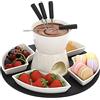 SUMNACON Set di pentole al cioccolato in ceramica con pallet in legno, 4 forchette, 4 piatti, per fonduta di formaggio, fonduta di cioccolato, formaggio, feste di compleanno, feste di vacanza