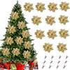 HTTDSLF 12 Pezzi Fiori per Albero di Natale, Fiori di Natale Glitter Poinsettia, Decorazioni Albero di Natalee, per Decorazioni Natalizie Ghirlanda, con Clips (Oro)