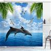 OCEUMACO Tenda Doccia Antimuffa Delfini Uccelli Tende Doccia Angolare Tessuto Poliestere Impermeabile 180x200 cm Vasca Bagno Mare Blu Foglie Tropicali Stoffa Lunga Lavabile Lavatrice con Anelli
