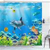 OCEUMACO Tenda Doccia Antimuffa 3D Delfini Pesci Tende Doccia Angolare in Tessuto Poliestere Impermeabile 240x200 cm Vasca Bagno Design Sotto Mare Blu Stoffa Grande Lavabile Lavatrice con Anelli