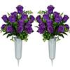 SIFOEL Fiori artificiali cimitero con vaso, bouquet di rose artificiali per lapidi cimitero, set di 2 (Purple)
