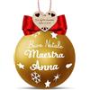Lol t-shirt Pallina di Natale Oro Personalizzata per Maestra con Nome - Sfera 8 cm con Fiocco Rosso o Bianco e Tag Cuore in Legno per Dedica (Fiocchetto Rosso)