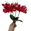 Rikyo 4 mazzi di fiori artificiali tropicali da 28 cm con 3 teste di fiori di seta e foglie di orchidee Phalaenopsis foglie finte per matrimoni, decorazioni per la casa, fiori, bonsai (rosso)