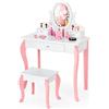 COSTWAY Toeletta Trucco 2 in 1 per Bambina, Specchiera Staccabile per Ragazza in Legno con Sgabello, Portapenni, Cassetto e Specchio Girevole a 360°, Postazione Trucco, 70 x 34 x 105cm (Bianco)
