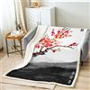 Homemissing Coperta Sherpa in Stile Giapponese Ukiyoe Fiori di Ciliegio Set Trapunta Adulto Coperta da Divano in Pile Floreale Rosso Giapponese Rami Acquerello, Matrimoniale 152 x 200 cm