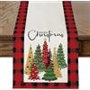 JOTOM, runner da tavola natalizio 40x140 cm, motivo a quadri buffalo rosso nero, con alberi di Natale, runner da tavola in stile fattoria, decorazione invernale per la cucina e la sala da pranzo