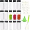 HMCEY 15 Pezzi Bottiglie di Plastica 60 ML,Bottigliette Mignon Vetro con Imbuto, Adesivi e Spazzola,Ginger Shot Bottle,Bottiglia Succo di Frutta,Bottiglie da Riempire per Oil, Milkshake, Miele