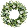 Weldomcor 50 cm Ghirlanda di Eucalipto Verde con Fiori Bianchi, Primavera Estate Corona Artificiale di Eucalipto per Porta Parete Finestre Fattoria Patio Festival Decorazione