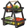 Foydream Porta Frutta a 2 Ripiani Fruttiera in Metallo con Ripiani Rimovibili e Manico in Legno Ideale per Organizzare Frutta, Verdura e Pane Design Compatto e Funzionale
