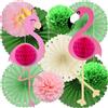 Syoulin-Decorazione della giungla, fenicotteri rosa, decorazione per festa hawaiana, festa in giardino, ventagli di carta, pom pom di carta-11pcs