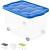 VIRSUS Contenitore Multiuso con Ruote 701, misura 60x40x36 cm e capacità 55 Lt, Porta biancheria Trasparente, Organizer con coperchio, box salvaspazio per Scarpe, Vestiti, Giocattoli (Blu)