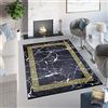 TAPISO Toscana Tappeto con Frange Soggiorno Salotto Sala Camera Letto Moderno Elegante Glamour Cornice Marmo Nero Oro Pelo Corto Stampato Antiscivolo 140 x 200 cm