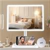 FASCINATE Specchio cosmetico ricaricabile con luci, 96 LED illuminato specchio cosmetico con supporto per telefono e specchio ingranditore 10x, illuminazione a 3 colori, specchio cosmetico illuminato con