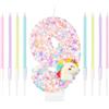 mciskin Candela colorata a forma di unicorno, decorazione per torte, con unicorno rosa brillante, numero 9, candela di compleanno e bastoncini lunghi, per la nona festa del bambino