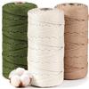 1Plusselect Set di 3 Filati Macramè in Morbido Cotone, 3 mm x 100 m, per Progetti Fai Da Te, Corda per Arazzo Da Parete, Acchiappasogni - Verde Militare + Marrone Chiaro