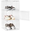 WOLTU Scatole per Scarpe da 3 Pezzi, Contenitori per Scarpe Impilabili in Plastica Trasparente, Organizzatori con Sportello Magnetico Frontale, Fino alla Taglia 46