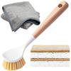 Xemnys Spazzola da tavola per cucina - Set di 5, contiene spazzole per stoviglie in legno manico Sisal Peli, spugna compostabile, panno in microfibra, per pulire lavello, pentole, padelle