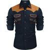 Generisch Camicia da uomo da cowboy Western ricamata, a maniche lunghe, slim fit, casual, con bottoni, hippie con tasche, camicia western, ricamata, per il tempo libero, elasticizzata, da cowboy, O blu navy, XL