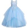 New front Costume da principessa per bambine Vestito Principessa Bambina Azzurro, Abito Lungo in Tulle con Ricami Fiori 3D, Ideale per Matrimoni, Compleanni, Cerimonie e Feste Eleganti