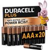 DURACELL Batterie Plus AAA (Confezione da 20) - Batterie Alcaline da 1,5 V - Fino al 100% di durata extra con Attivi POWER BOOST - Affidabilità per i dispositivi di utilizzo quotidiano - MN2400