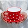 OEM Tazza con pois rossi e bianchi dipinta a mano - 350 ml - Grande piattino in Vetroceramica per caffè e tè