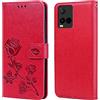 RankOne Custodia Portafoglio in Pelle per vivo Y21 4G / vivo Y21s / vivo Y33s 4G (6.51 Inches), con Porta Carte Motivo Rosa Design Cover Folio Flip Case - Rosso