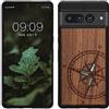 kwmobile Custodia Compatibile con Google Pixel 7 PRO Cover - Back Case in Legno con Bumper in Silicone TPU - Bussola Vintage Madreperla Marrone Scuro