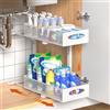 Housolution Organizer Sottolavello Cucina in Metallo, Scaffale Sottolavello Cucina Estraibile a 2 Livelli con Altezza Regolabile, Organizzatore per Armadio, Bianco
