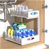 Housolution Organizer Sottolavello Cucina in Metallo, Scaffale Sottolavello Cucina Estraibile a 2 Livelli con Altezza Regolabile, Organizzatore per Armadio, 1 Pezzo, Bianco