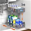Housolution Organizer Sottolavello Cucina in Metallo, Scaffale Sottolavello Cucina Estraibile a 2 Livelli con Altezza Regolabile, Organizzatore per Armadio, 1 Pezzo, Grigio