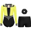 JEATHA Tuta da Ginnastica Ritmica Bambina Leotard da Balletto Danza Classica con Strass Pantaloni Vita a V e Fascia per Capelli Body da Pattinaggio Yoga Latino A Giallo fluorescente nero 13-14 anni