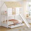 Cayipng Letto a castello per bambini con scivolo,letto a soppalco matrimoniale 90x200cm con 2 cassetti,letto bambini a forma di casa con finestra,Spondine di sicurezza,Adatto cameretta bambino,Bianco+Naturale